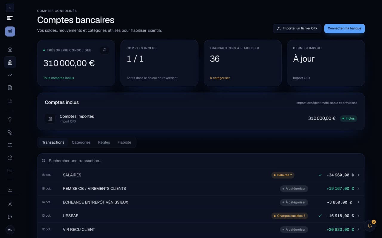 Écran Comptes bancaires : trésorerie consolidée de 310 000 € et transactions à catégoriser