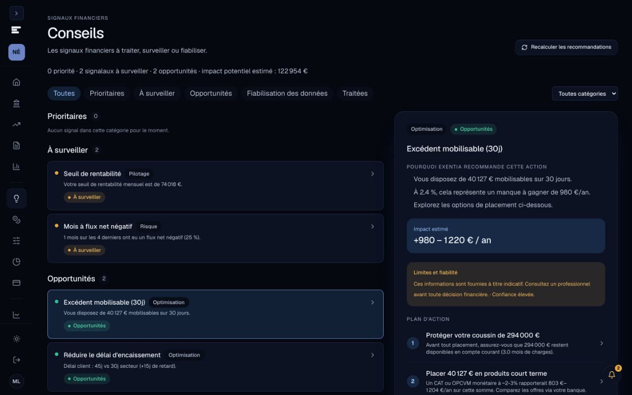 Écran Conseils : signaux à surveiller, opportunités et impact estimé