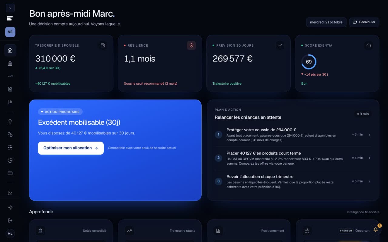 Accueil Exentia : trésorerie disponible, résilience, prévision à 30 jours et score Exentia de 69