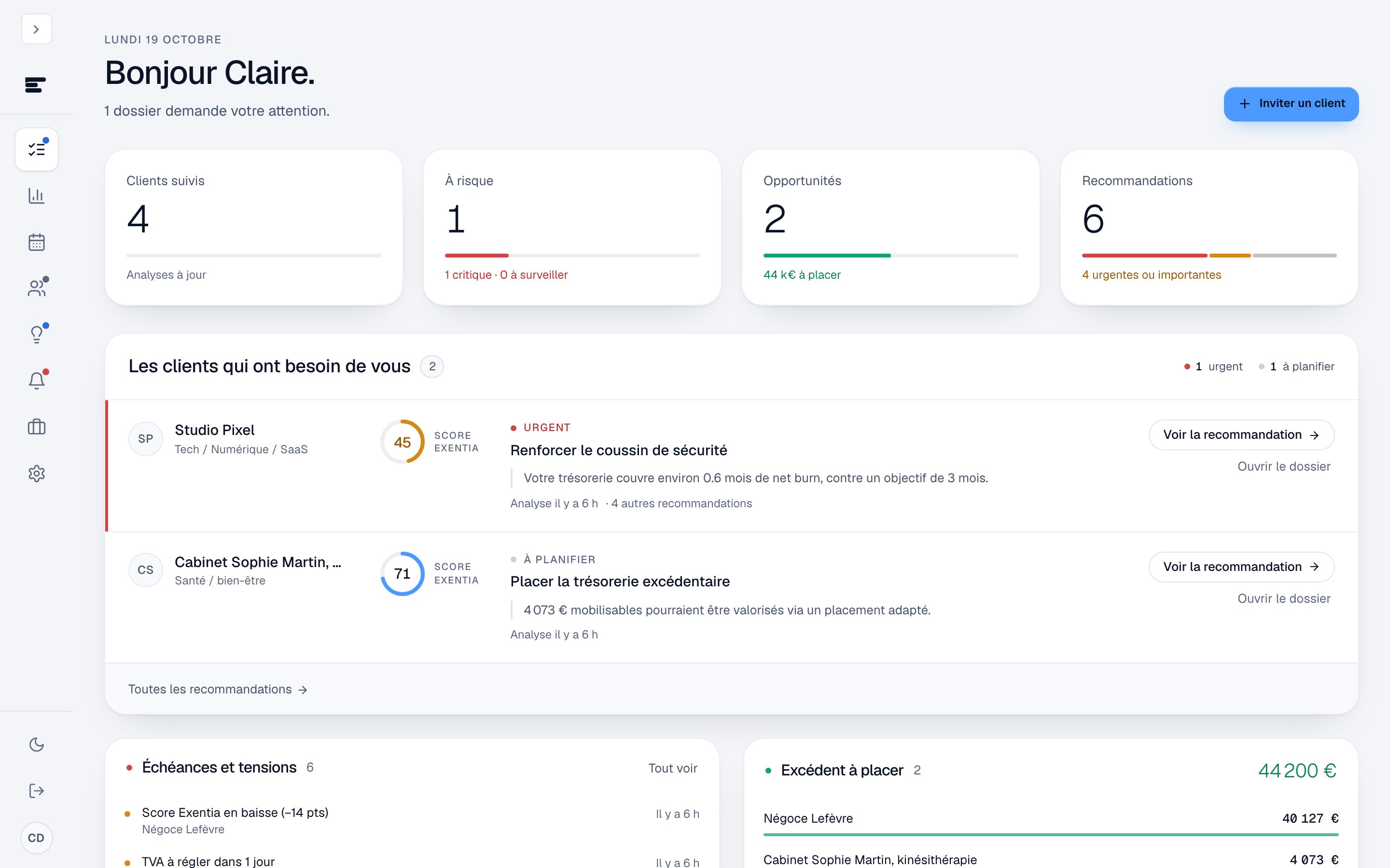 Accueil Expert avec les indicateurs du portefeuille et la liste des clients à traiter.